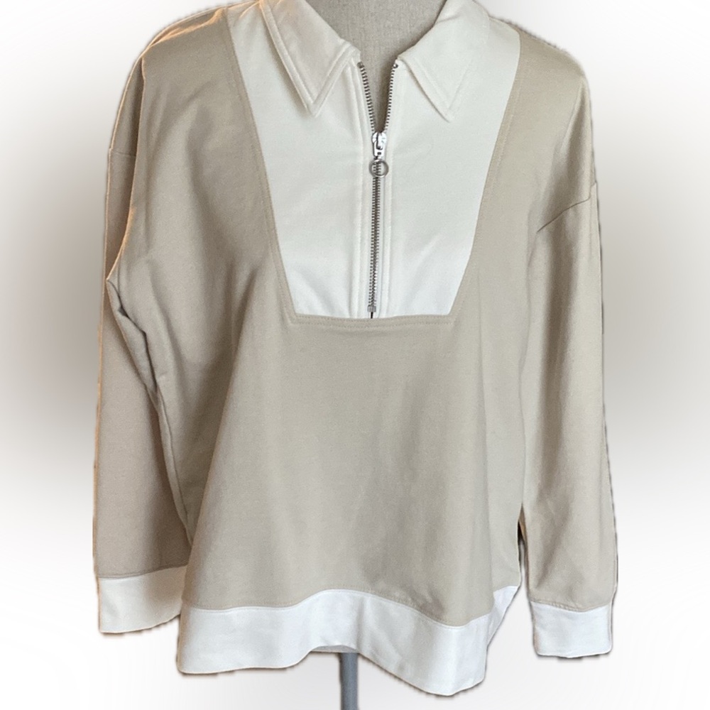 Quarter zip tan and cream top